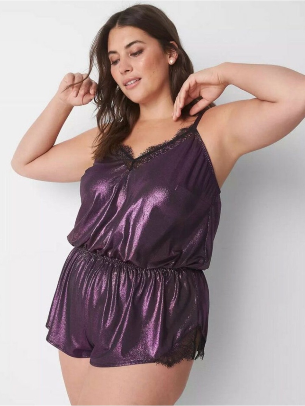 Cacique Metallic Plum Satin Romper with Black Lace Trim